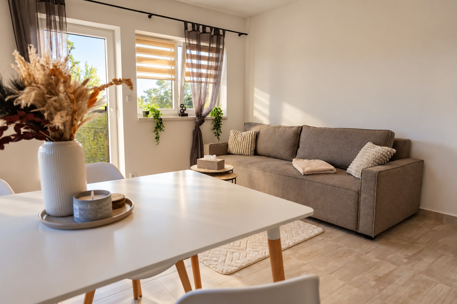 Útulný obývací prostor v teplém odpoledním světle s pohodlnou pohovkou – Apartmány Panorama